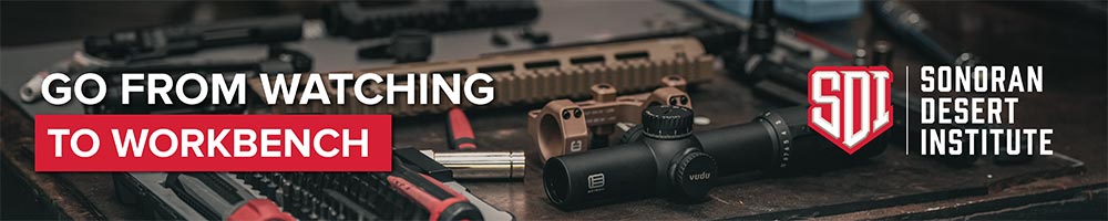 SDI banner with text "Go From Watching to Workbench" over tools and firearm components on a workbench